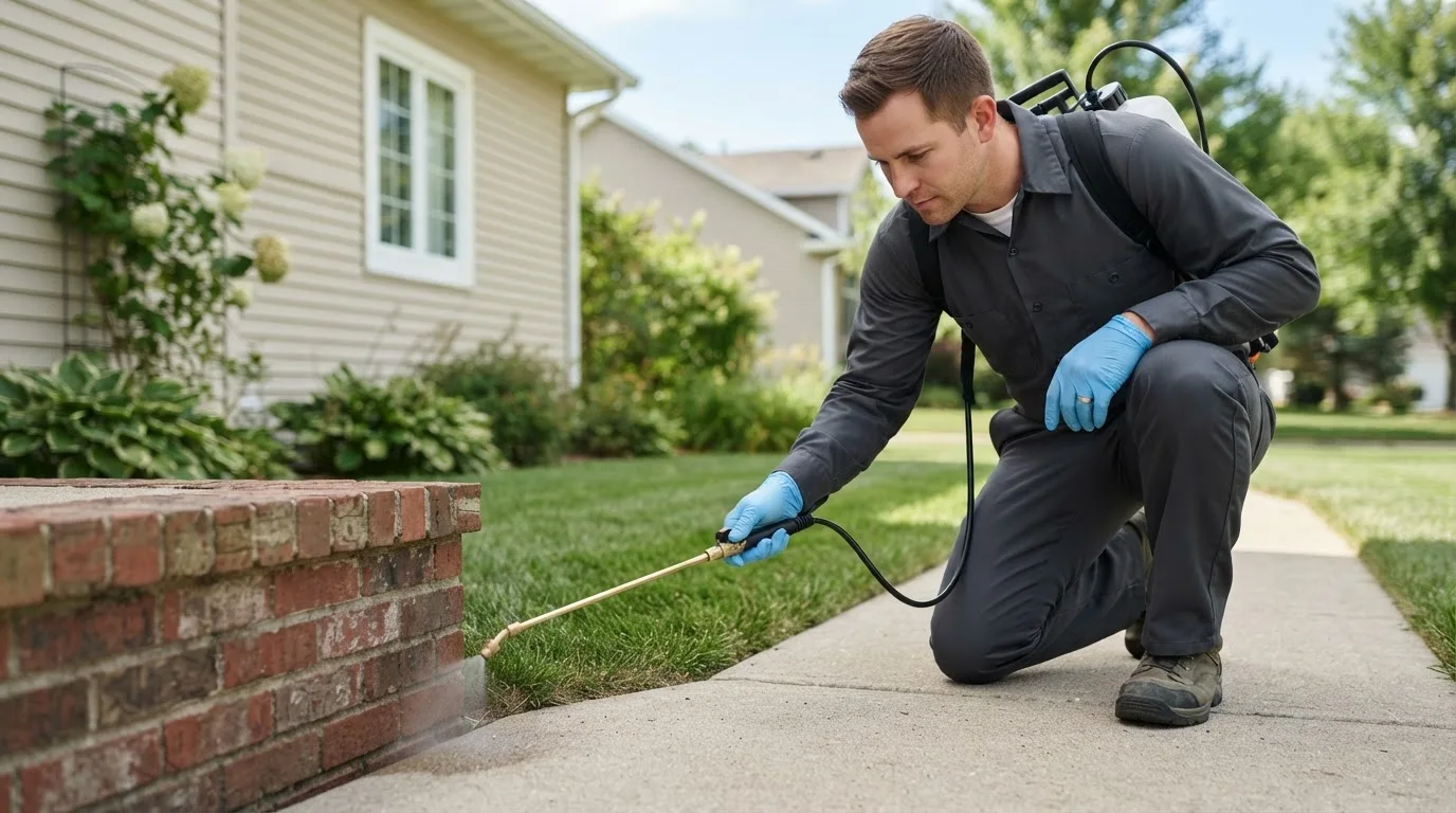 Pest control technician treating a home near Baileyville, ME